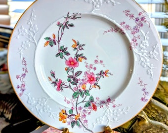 Sweet Vintage Spode Copeland England Blanche De Chine Roberta Pattern 10 3/4 Dinner Plate With Pink & Yellow Florals And Orange Luster Band