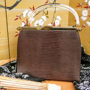 Fantástico vintage intercambiable marrón / negro texturizado cubierta Lucite mango superior cierre en tono dorado bolso / bolso de cierre superior, sin etiqueta, década de 1950