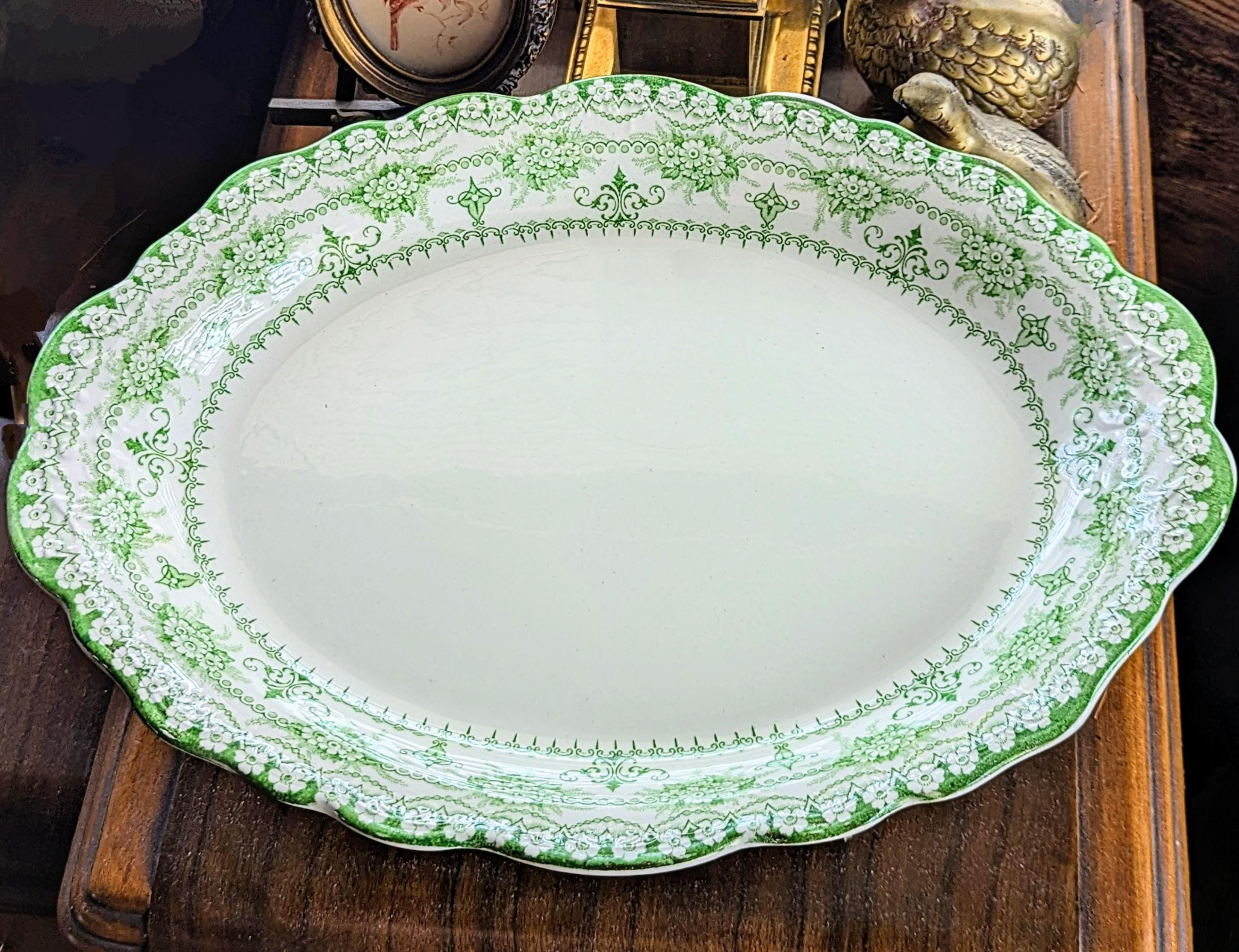 【1892〜1925年】JHW&SONS HANLEY ウィロー　デザート皿 Antique J H W & Sons Hanley Oval Platter: Green Maltese