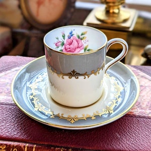 Vintage Bone China Demitasse Aynsley Grey Lancaster Deco 7610 Cup & Saucer Set With Pink Cabbage Rose And Gold Accents - Made In England