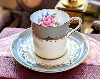 Vintage Bone China Demitasse Aynsley Grey Lancaster Deco 7610 Cup & Saucer Set With Pink Cabbage Rose And Gold Accents - Made In England