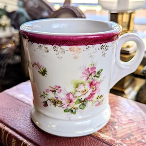 Antique Krister Porzellan Fabrik ( KPF ) Shaving Mug Cup With Pink And Purple Florals , Green Leaves And Red & Gold Embellishments - Germany