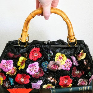 Vintage Floral Embroidered Multicolored Beaded Top Closure Bamboo Style Handle Top Handled Black Fabric Purse/Bag