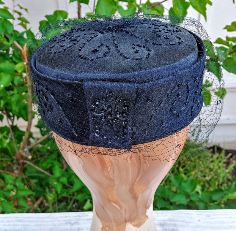 Vintage Black Fabric Pillbox Hat With Netted Veil and Beading Etsy