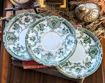 Antique Stunning Wedgwood & Co Royal Semi Porcelain Embossed Green And Gold Raleigh Pattern Transferware Chippy Crazed Orphan Saucer Sets
