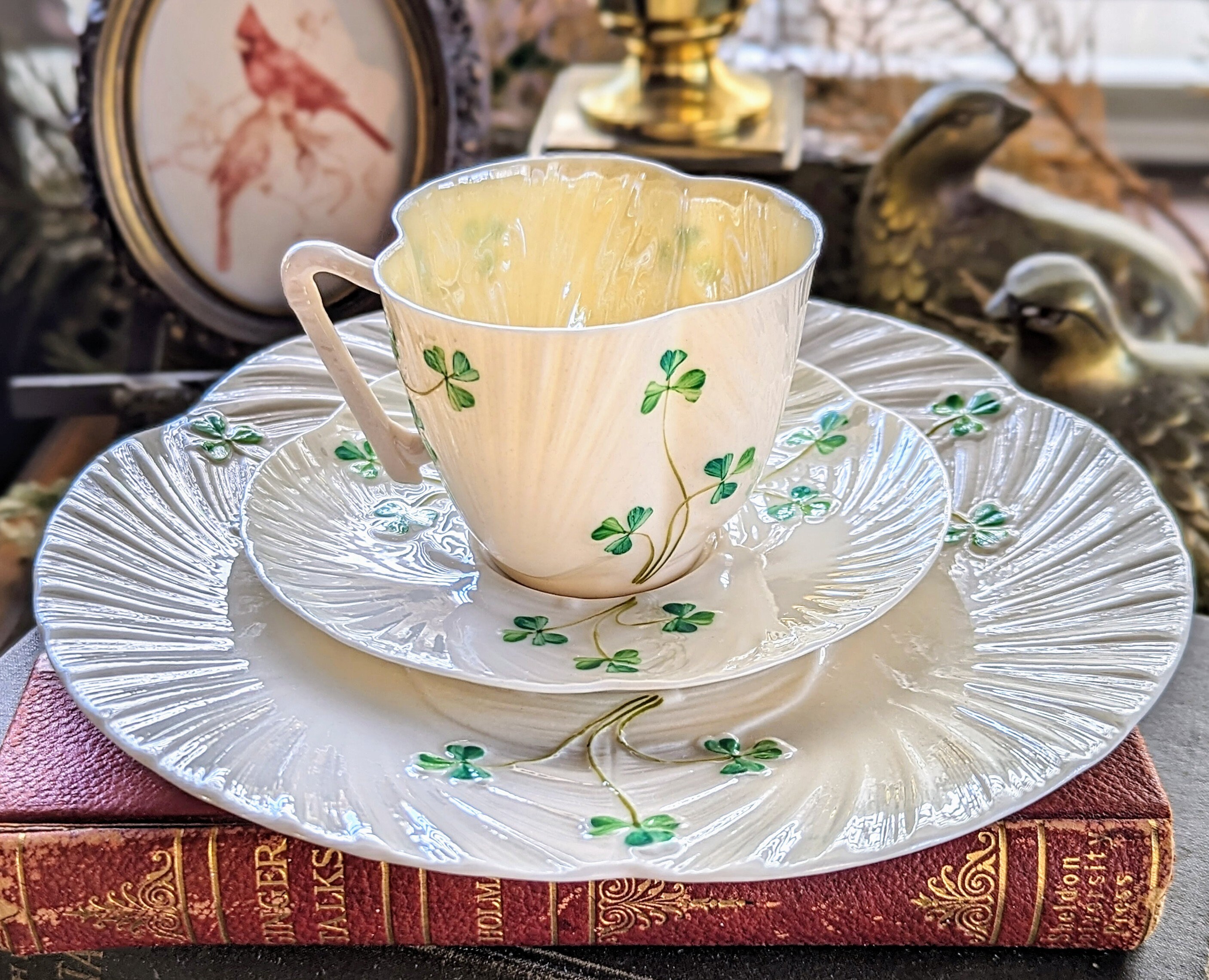Vintage Belleek Harp Shamrock Trio Set: Luster Creamer & Sugar