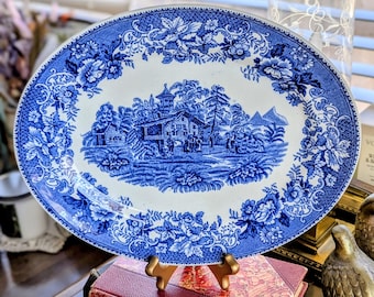Vintage Thos Hughes & Son Ltd Co Oval Transferware Platter Blue Avon Cottage Pattern - England