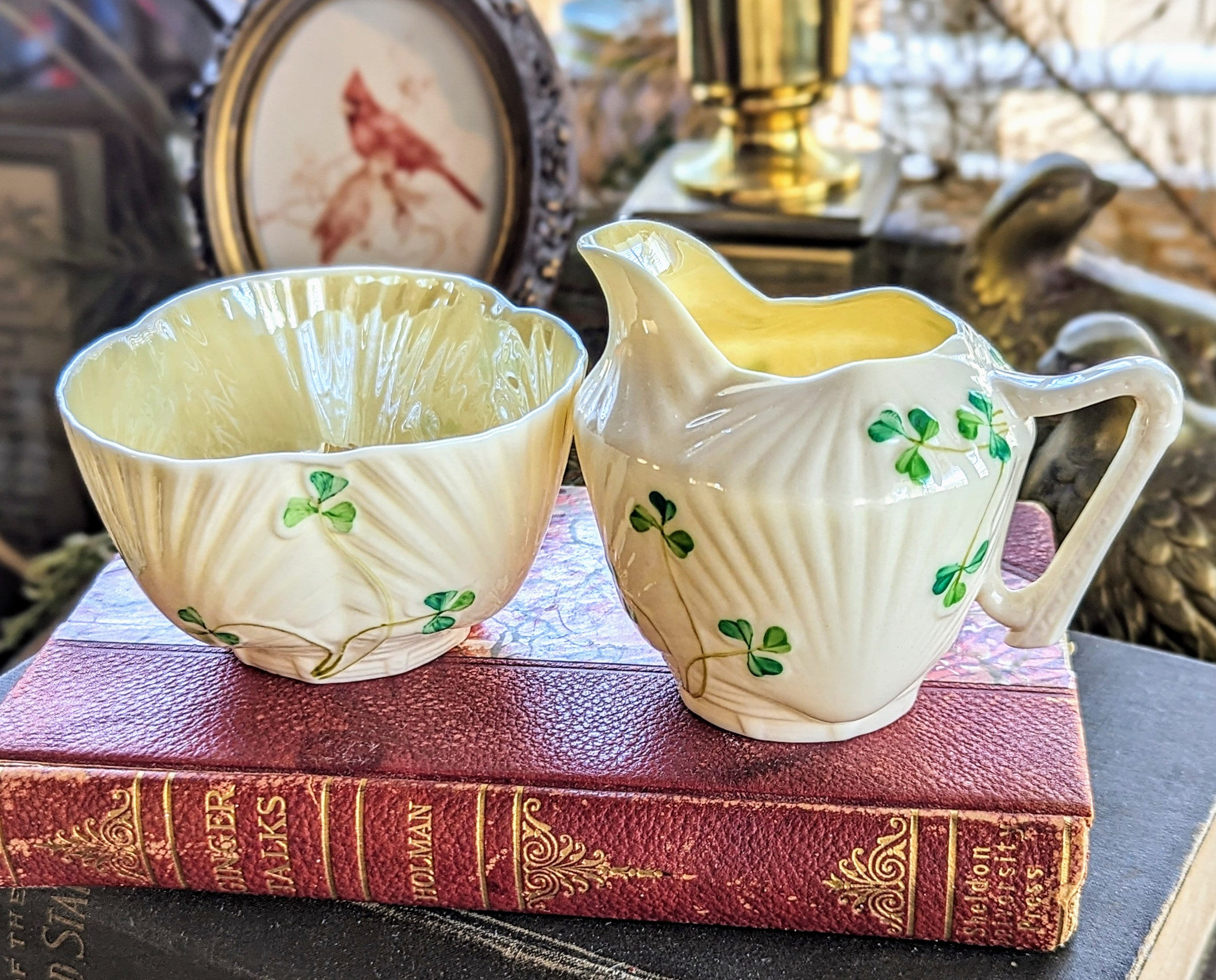 Vintage Belleek Harp Shamrock Trio Set: Luster Creamer & Sugar