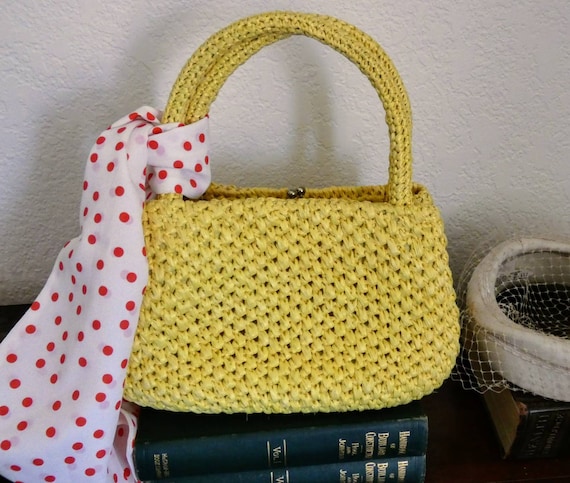 Vintage Canary Yellow Woven Raffia Three Compartm… - image 1