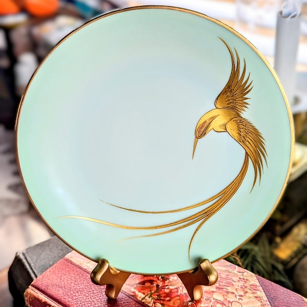 Elegant Vintage H & Co Selb Bavaria Germany Kunstabteilung Seethal Chiemsee Decorative Appetizer / Dessert Plate With Striking Gold Bird