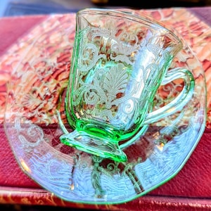 Vintage Fostoria Versailles Uranium Glass Demitasse Cup and Saucer Set