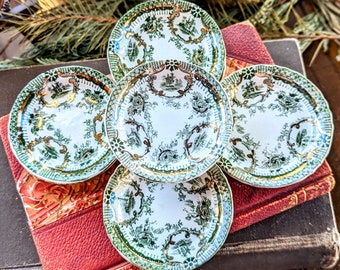 Antique Stunning Set Of Two Wedgwood & Co Royal Semi Porcelain Green And Gold Raleigh Pattern Transferware Butter Pats Dishes - England