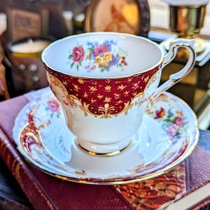 Vintage Paragon Bone China Teacup and Saucer: Burgundy Rockingham, Gold Heart Detail, 1950s