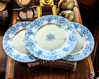 Set Of 3 Antique Flow Blue Wood&Son Imperfect Blue Keswick Pattern Semi-Porcelain Luncheon (1) Salad/Dessert Plates (2) England 1891-1907