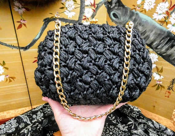 Darling Vintage Rounded Black Raffia Shoulder Bag… - image 5