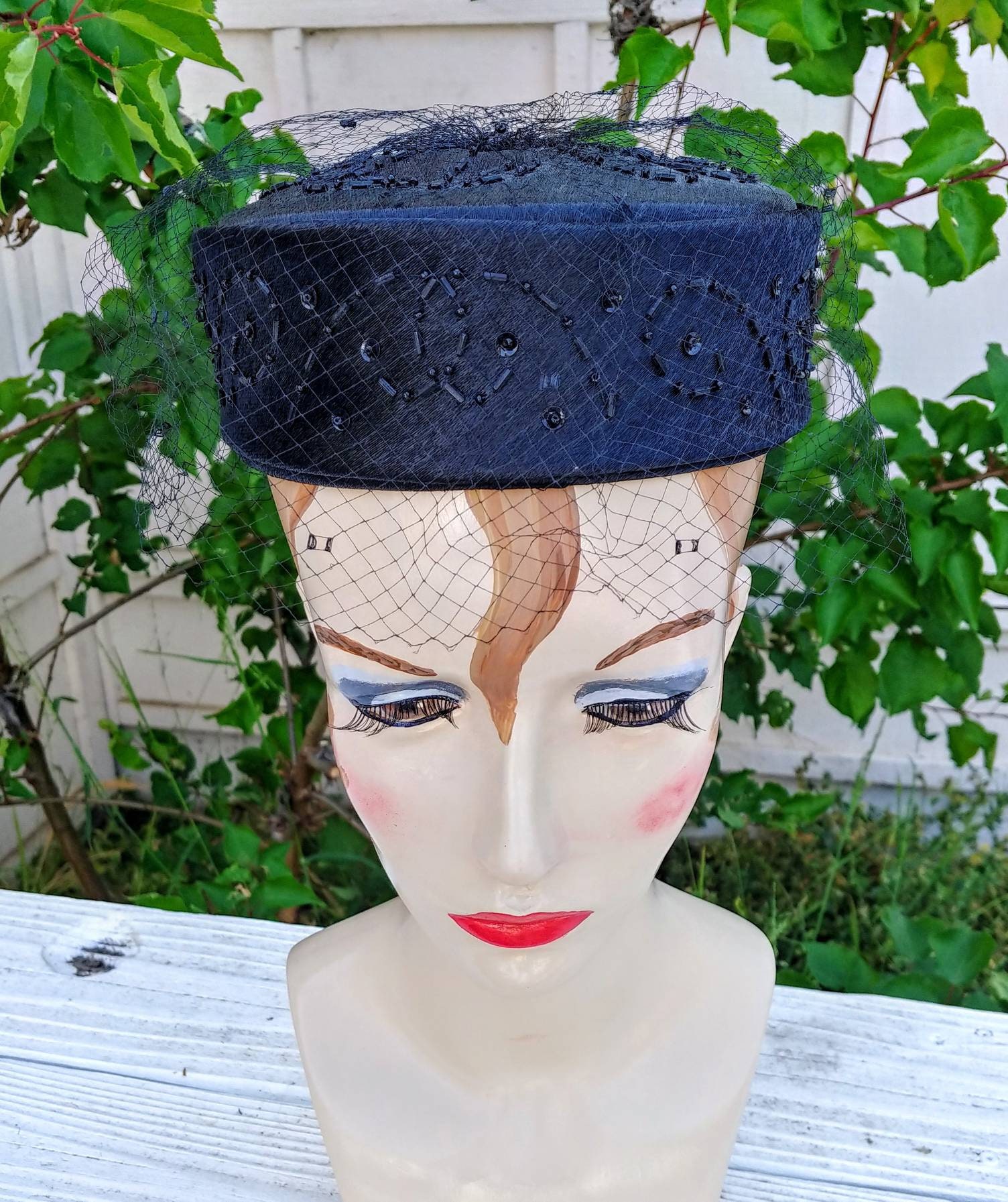 Vintage Black Fabric Pillbox Hat With Netted Veil and Beading Etsy