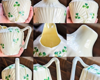 Vintage Belleek Harp Shamrock Trio Set: Luster Creamer & Sugar