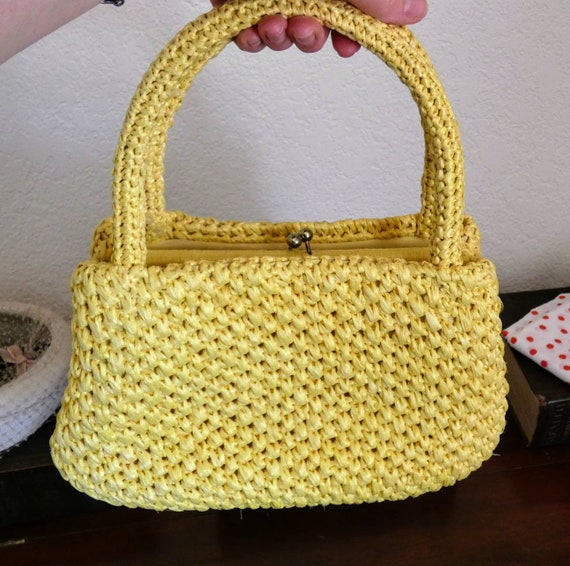 Vintage Canary Yellow Woven Raffia Three Compartm… - image 2