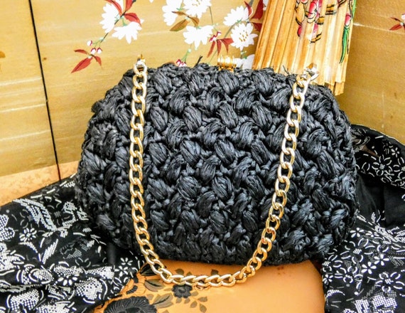 Darling Vintage Rounded Black Raffia Shoulder Bag… - image 1
