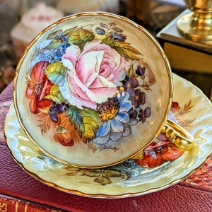 Rare Aynsley Bone China Teacup & Saucer: J.A. Bailey Pink Rose Floral, Gold Trim