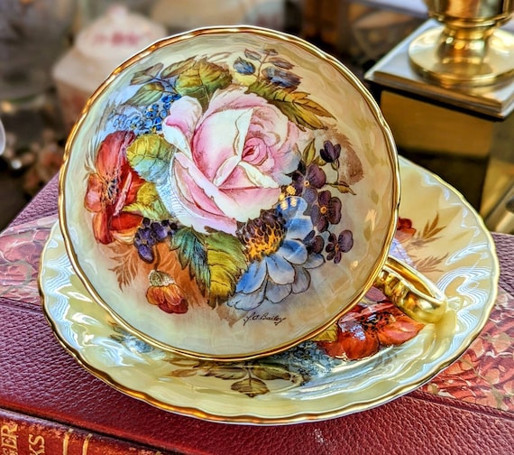 Rare Aynsley Bone China Teacup & Saucer: J.A. Bailey Pink Rose