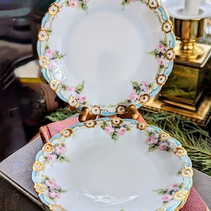 Antique Limoges Plates Set: Hand-Painted Floral, Gold Embossed, Scalloped Edges