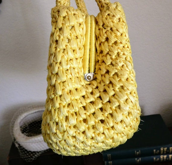 Vintage Canary Yellow Woven Raffia Three Compartm… - image 4