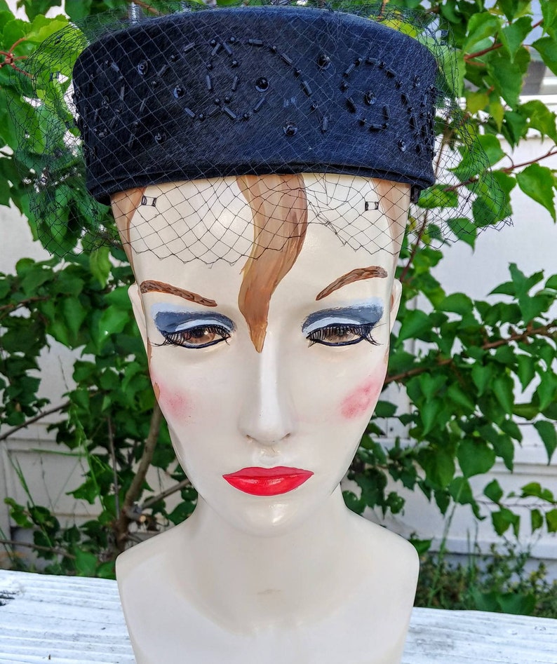 Vintage Black Fabric Pillbox Hat With Netted Veil and Beading Etsy
