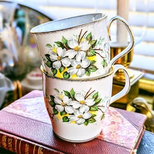 Vintage Royal Albert Bone China Mugs: White Dogwood, Gold Accents, Set of 2