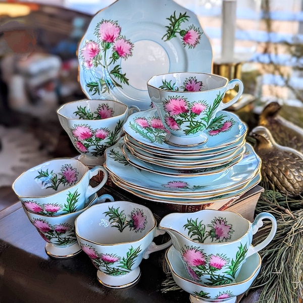 Vintage EB Foley Glengarry Thistle Tea Ware, Four Teacup & Saucer And Dessert Plate Trios , One Duo , One Creamer And Sugar Set - England