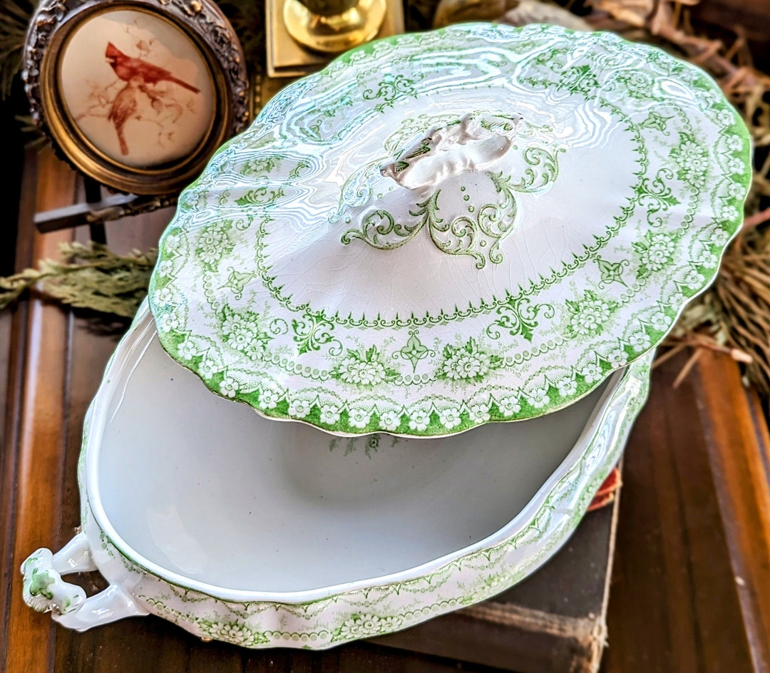 【1892〜1925年】JHW&SONS HANLEY ウィロー　デザート皿 Antique J H W & Sons Hanley Oval Platter: Green Maltese