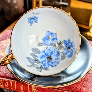 Vintage Royal Stafford Bone China Teacup & Saucer: Black with Blue Florals, Gold Accents