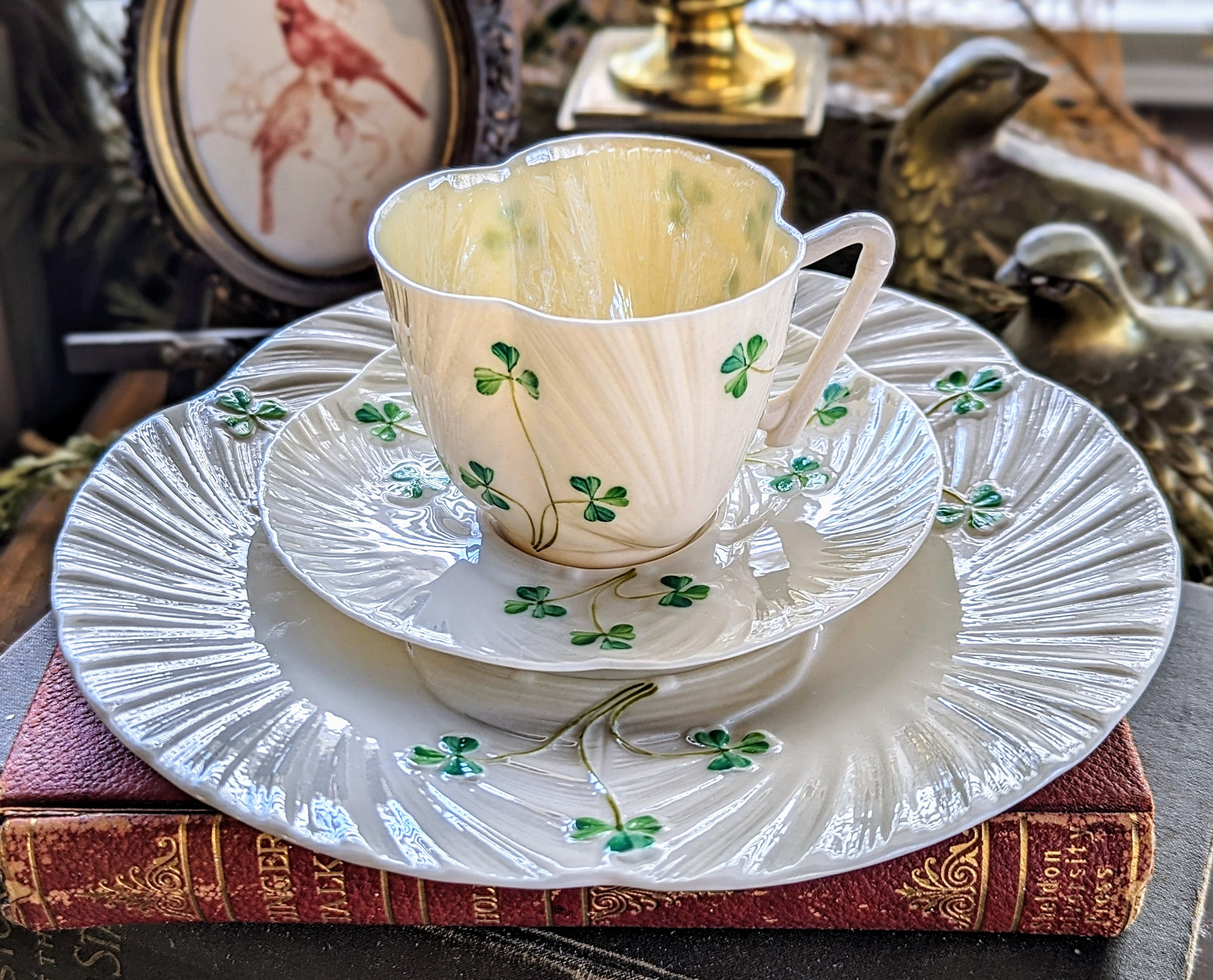 Vintage Belleek Harp Shamrock Trio Set: Luster Creamer