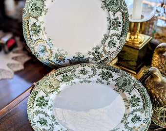 Antique Stunning Wedgwood & Co Royal Semi Porcelain Embossed Green And Gold Raleigh Pattern Transferware Chippy Crazed Luncheon Plate