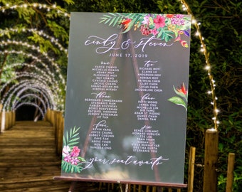 Tropical Acrylic Seating Chart Sign / clear / wedding / hawaii / seating arrangement