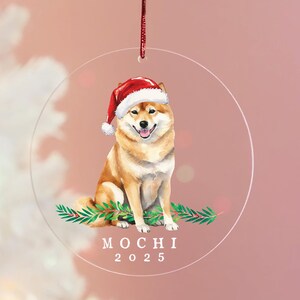 以下が含まれることがあります： サンタ帽をかぶった柴犬が描かれた、透明な丸いクリスマスオーナメント。犬は茶色と白で、幸せそうな表情をしています。「MOCHI 2025」の文字と緑の小枝で飾られています。