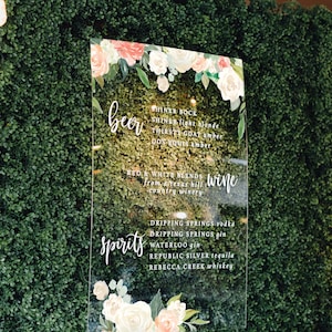 Große Acryl Bar Menü | Hochzeit | Klar | Moderne Hochzeit | Ereignis-Menü | Benutzerdefinierte Cocktailkarte | geblümt