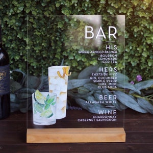 Menu cocktail acrilico personalizzato / Matrimonio moderno / Floreale / Moderno / Fiori / Menu cocktail / Cocktail di coppia
