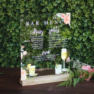 Custom Acrylic Bar Menu | Wedding | Lucite | Clear | Floral | plexiglass