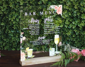 Custom Acrylic Bar Menu | Wedding | Lucite | Clear | Floral | plexiglass