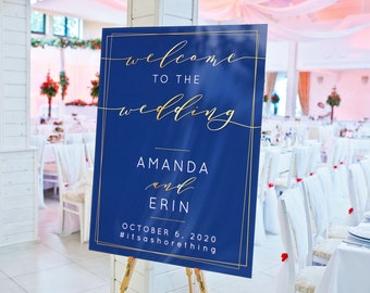 Custom Acrylic Wedding Welcome Sign / welcome to our beginning / handlettered / Navy / timeline / program