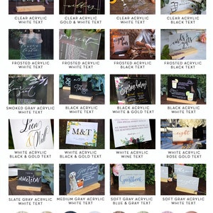 May include: A collection of acrylic wedding signs in various colors and styles. The signs feature different text, including "Welcome to the Wedding", "Photobooth", "Cards & Gifts", "Table Nineteen", and "Guestbook". The signs are displayed on wooden stands and are perfect for adding a personal touch to your wedding decor.