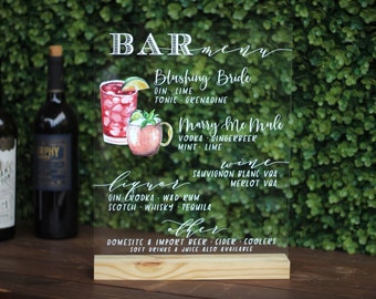 Custom Acrylic Bar Menu | Wedding | Lucite | Clear | Floral | plexiglass