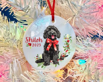 Può includere: Un ornamento rotondo in ceramica bianca raffigurante un cane nero dal pelo riccio che indossa un fiocco rosso. Il testo Shiloh e 2025 è stampato in rosso. Il cane è circondato da fogliame verde e bacche rosse. Un nastro rosso è fissato in alto.