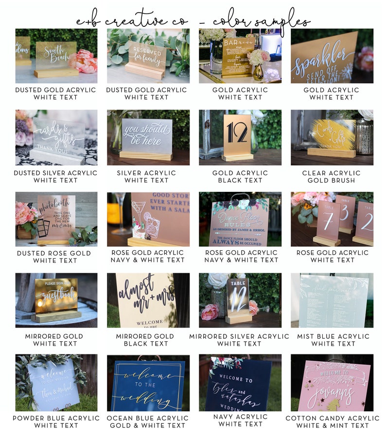 May include: A collection of acrylic signs with various colors and text. The signs are displayed on wooden stands and feature different designs, including "Reserved for family", "You should be here", "Almost Mr. & Mrs", and "Welcome to the Wedding".