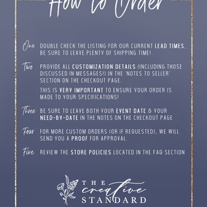 May include: A blue and gold graphic with the text "How to Order" and a list of five steps for ordering. The steps are numbered one through five and include details about lead times, customization, event dates, and proof approval. The graphic also includes the text "The Creative Standard" with a floral design.