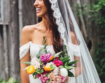 Long Veil, Mantilla Bridal Veil, Drop Veil, Cathedral Length Veil, Alencon Lace Wedding Veil, Custom Veil, Bespoke Veil- MARIPOSA Mantilla