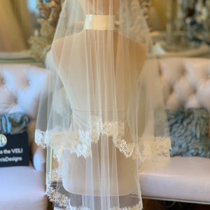 Bridal Veil, Drop Veil, Chantilly Lace Veil, Lace Wedding Veil, Blusher Veil, 2-Tier Veil, Ivory Wedding Veil- ORCHID VEIL