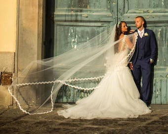 French Chantilly Lace Cathedral Wedding Veil, Soft Tulle, Made to Order
