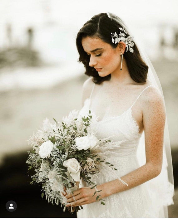 Wedding Hair Clip with Crystals, Metallic Flowers & Leaves​​​​ Handmade Metal Flower Leaf Hair Vine Clip, Custom Style  main image 3